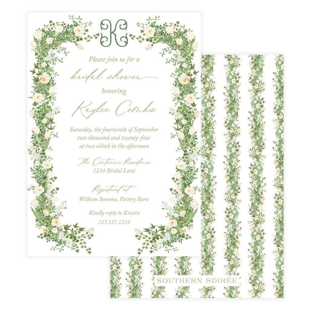 White Floral with Greenery Frame Invitation