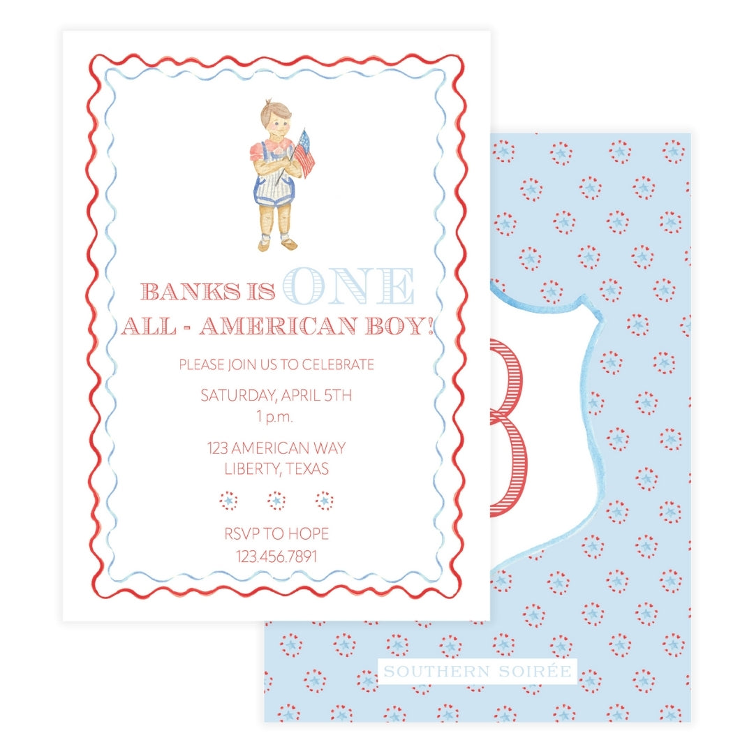 All-American boy birthday invitation with American flag