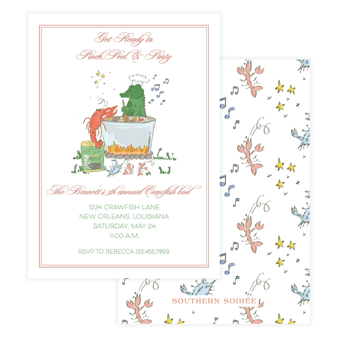 Alligator crawfish boil party invitation with watercolor crawfish pot artwork
