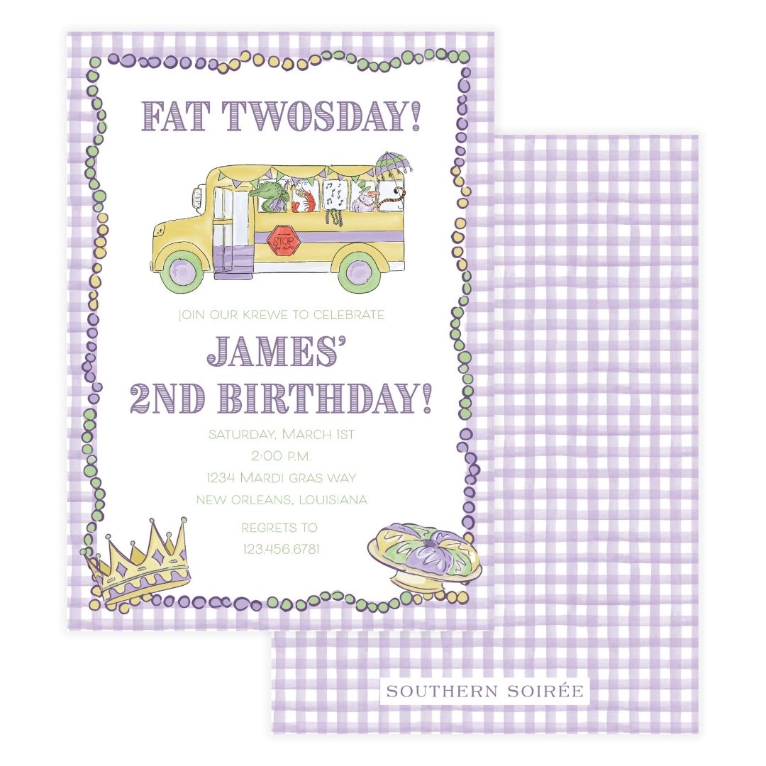 Fat TWOsday Mardi Gras Bus Striped Invitation