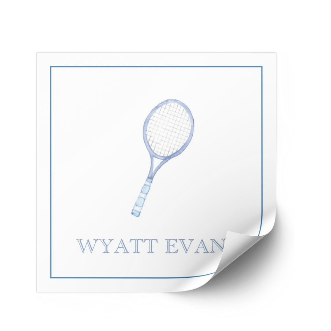 Personalized blue watercolor tennis racquet name sticker