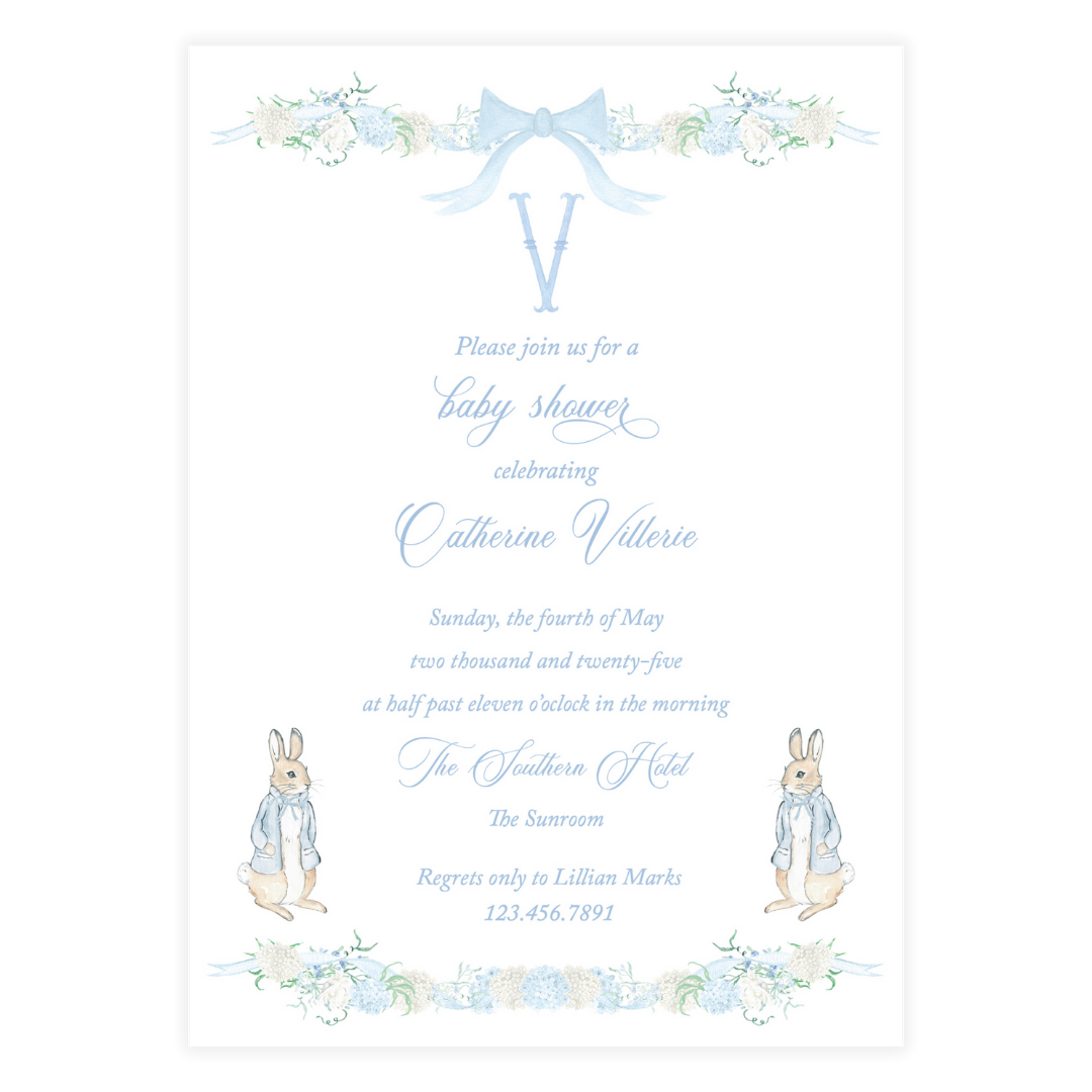 Blue bunny baby shower invitation with watercolor florals and monogram
