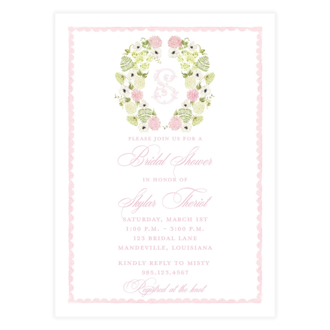 Pink Hydrangea Monogram Bridal Shower Invitation