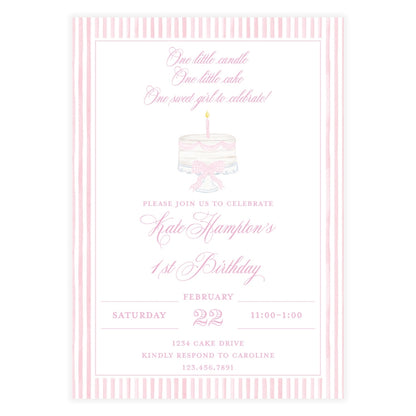 One Little Candle, One Little Cake Pink Striped Invitation