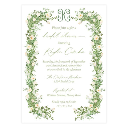 White Floral with Greenery Frame Invitation