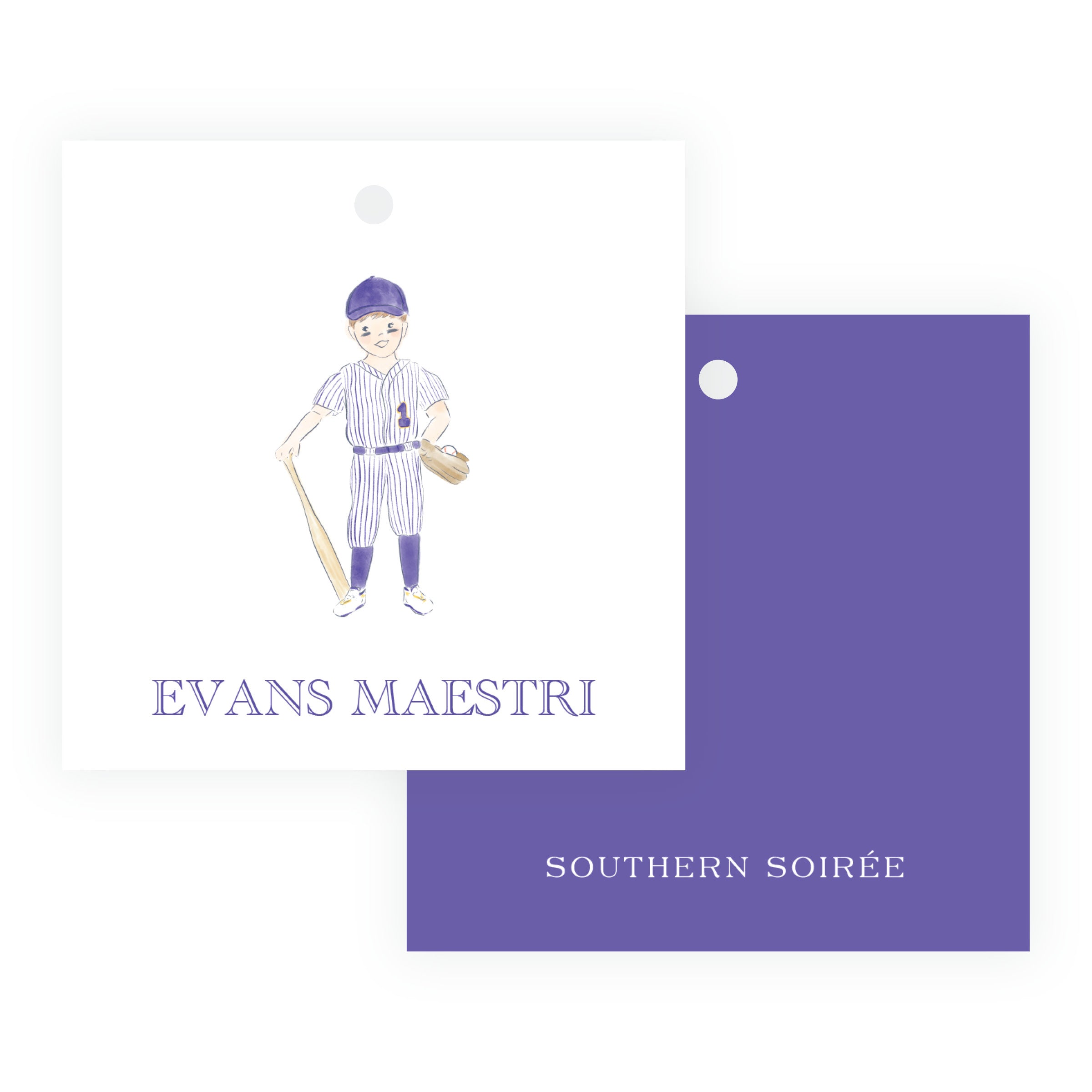 Personalized purple and gold baseball player square hanging gift tag with custom wording