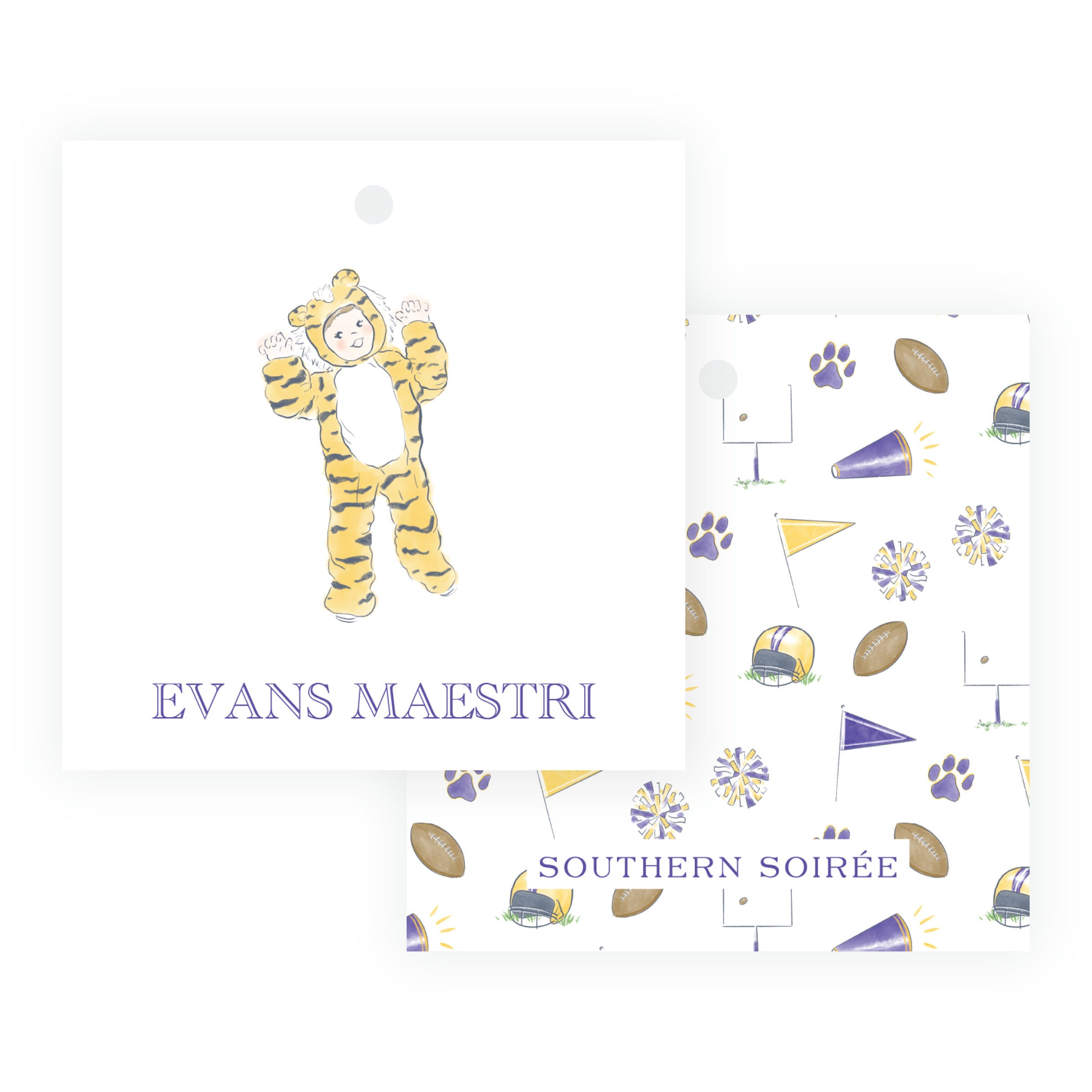 Personalized purple and gold tiger mascot square hanging gift tag with custom wording