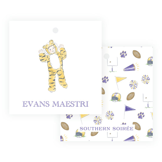 Purple & Gold Team Spirit Tiger Mascot Square Gift Tag