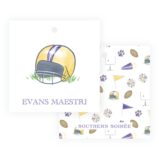 Purple & Gold Team Spirit Helmet Square Gift Tag