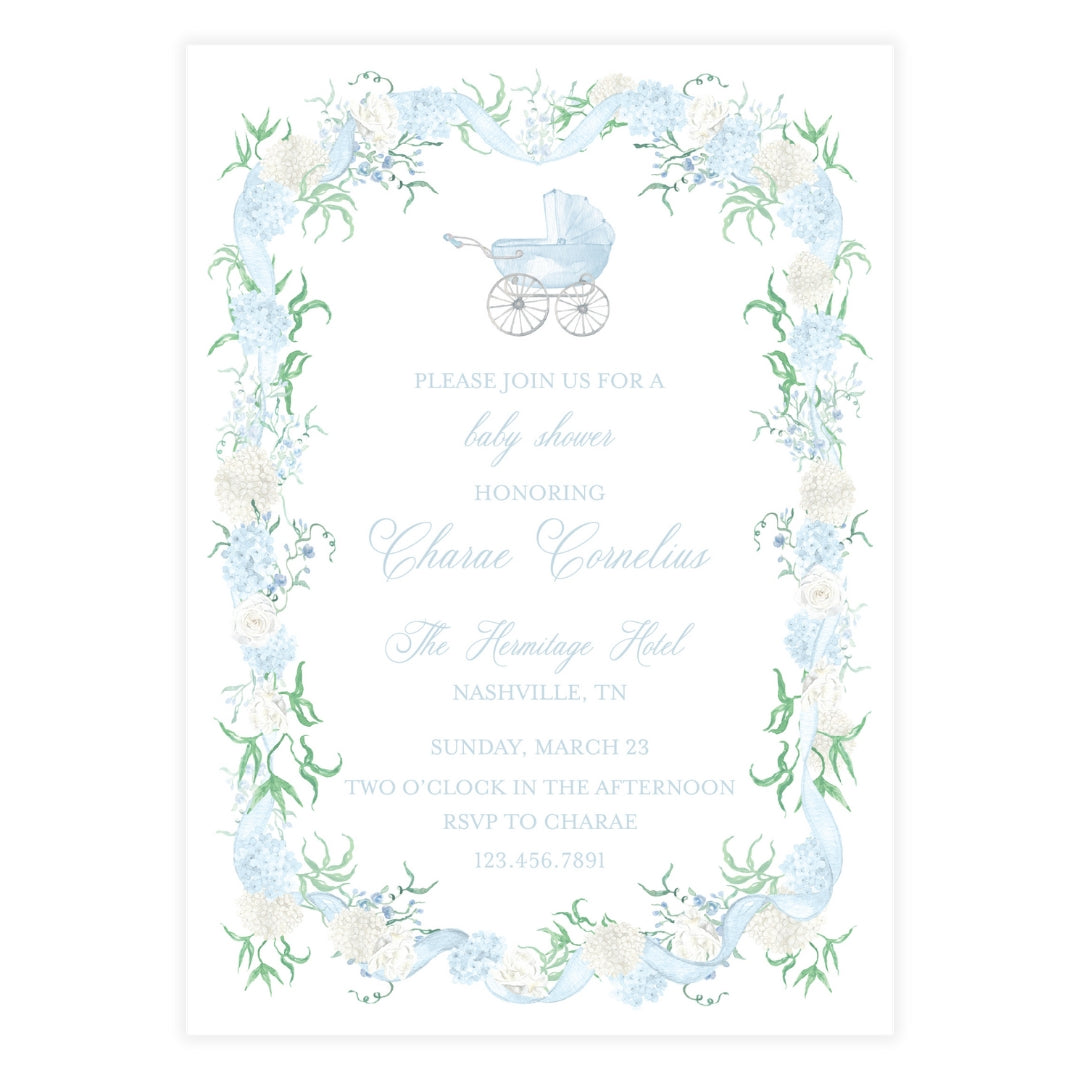 Blue Hydrangea Baby Carriage Shower Invitation