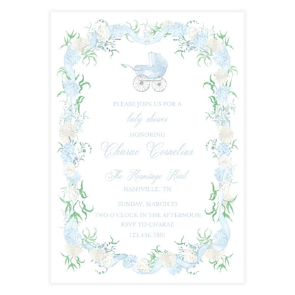 Hydrangea Floral Baby Carriage Shower Invitation
