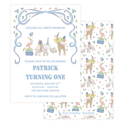 Blue Small Party Animals Invitation