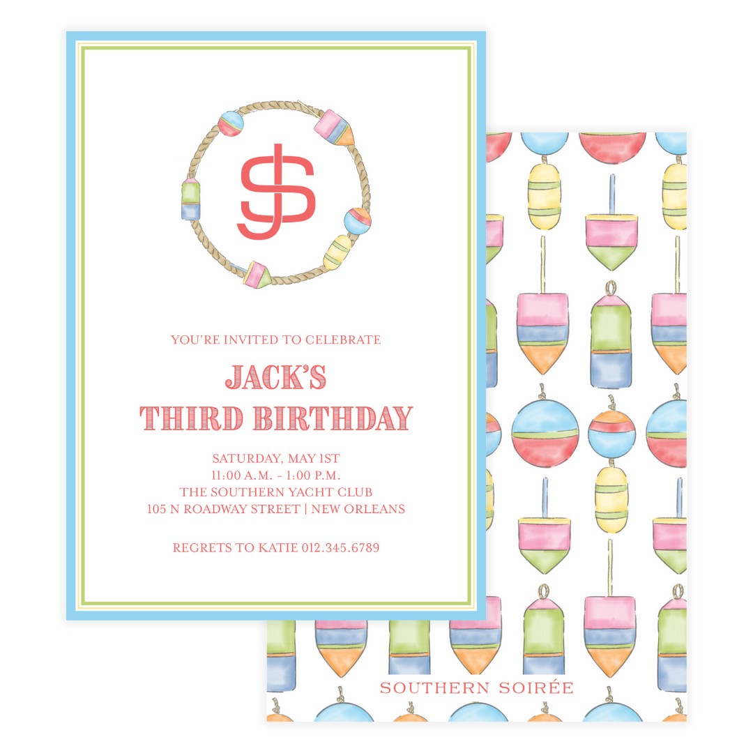 Colorful nautical buoy birthday invitation with rope monogram crest