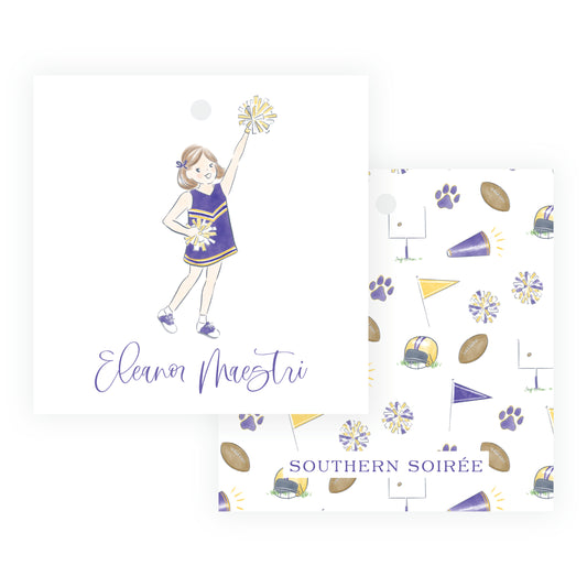 Purple & Gold Team Spirit Cheerleader Square Gift Tag