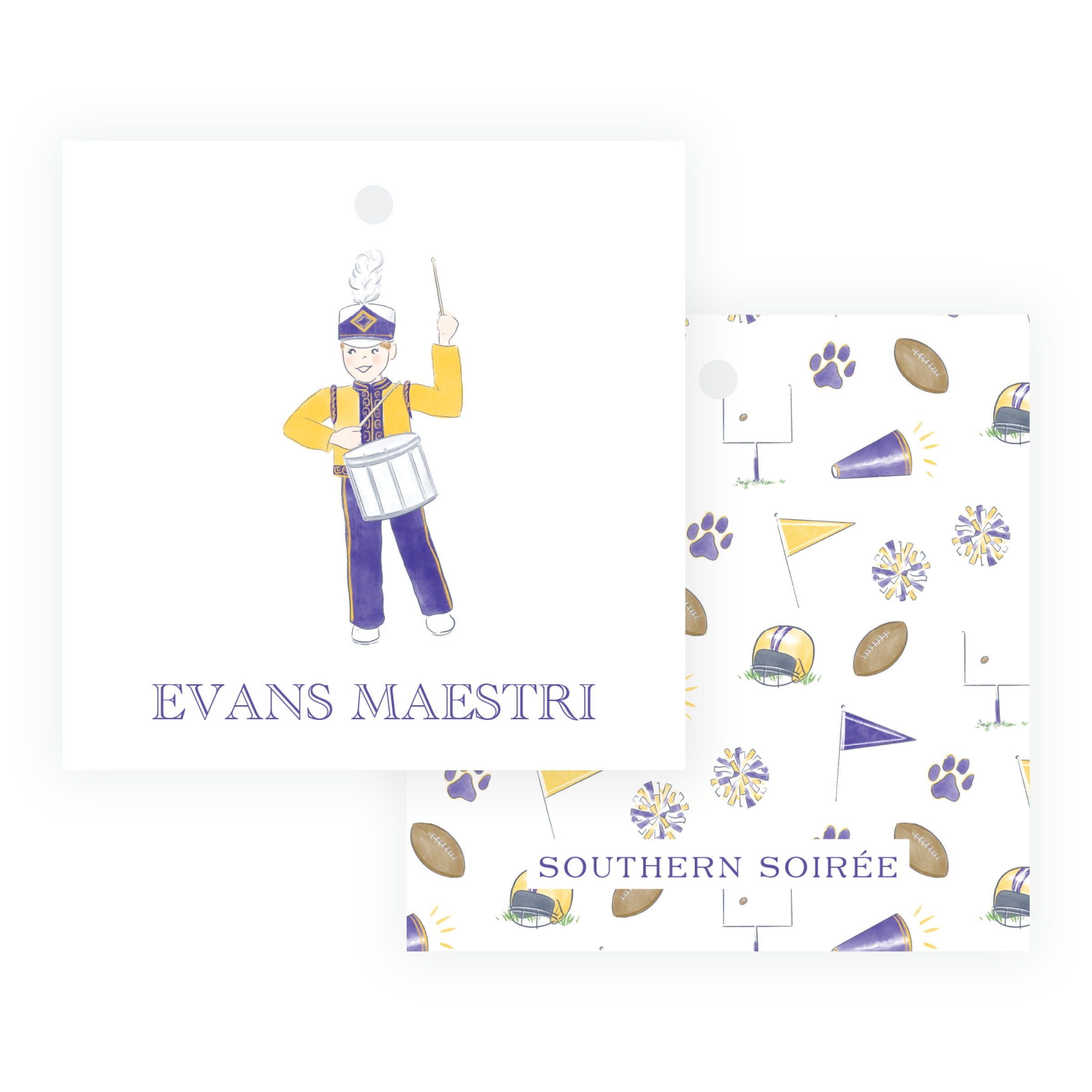 Purple & Gold Team Spirit Drummer Square Gift Tag