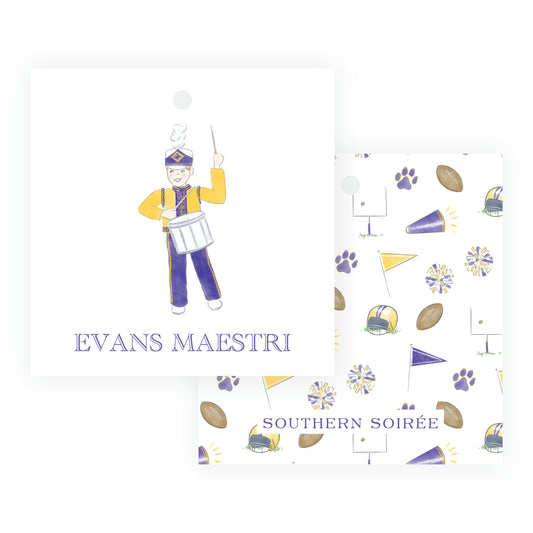 Purple & Gold Team Spirit Drummer Square Gift Tag