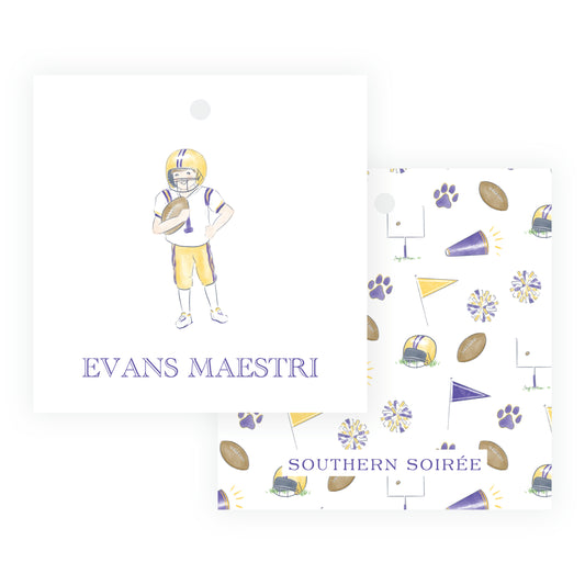 Purple & Gold Team Spirit Football Player Square Gift Tag
