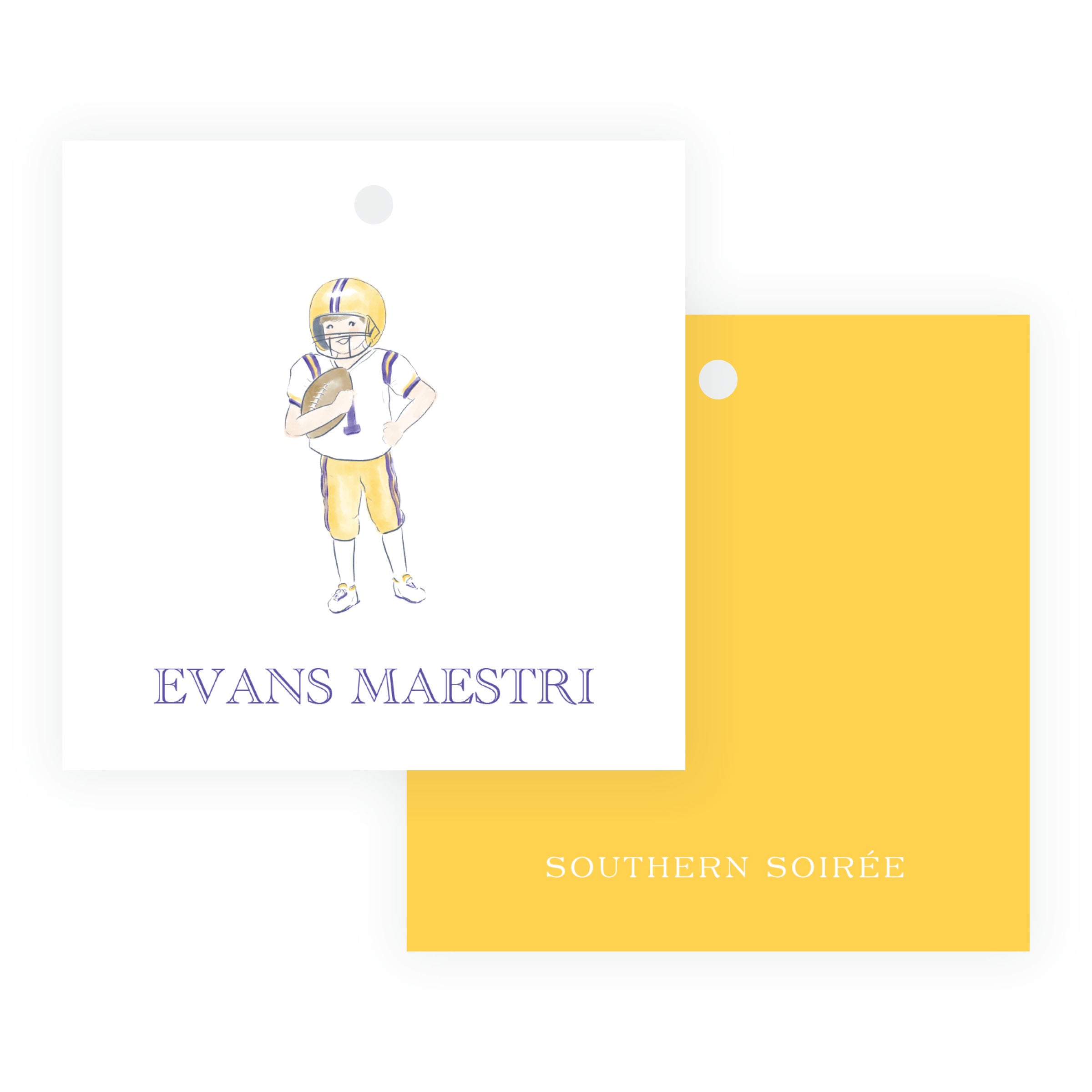 Purple and Gold Football Player Square Gift Tags – Team Spirit
