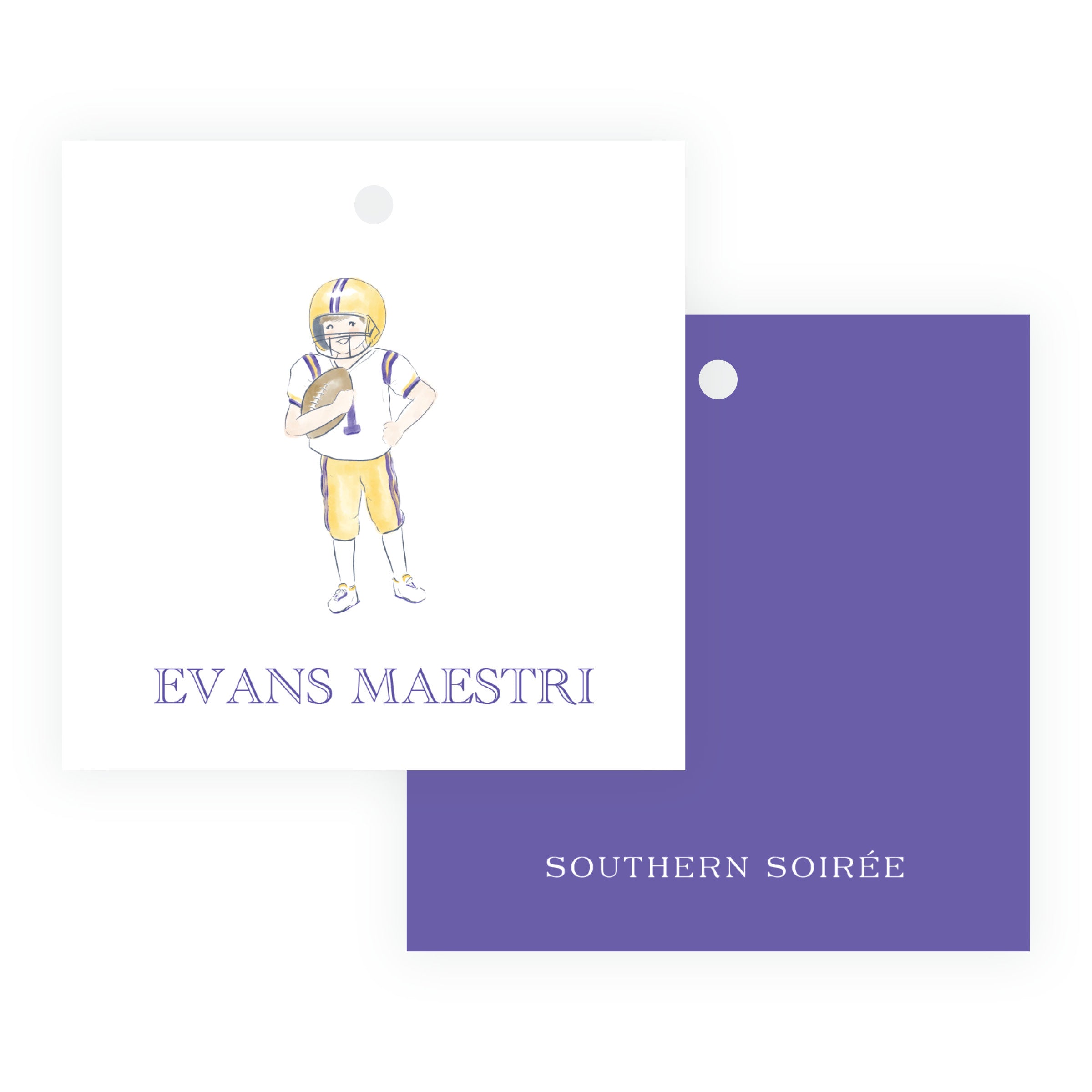 Purple and Gold Football Player Square Gift Tags – Team Spirit