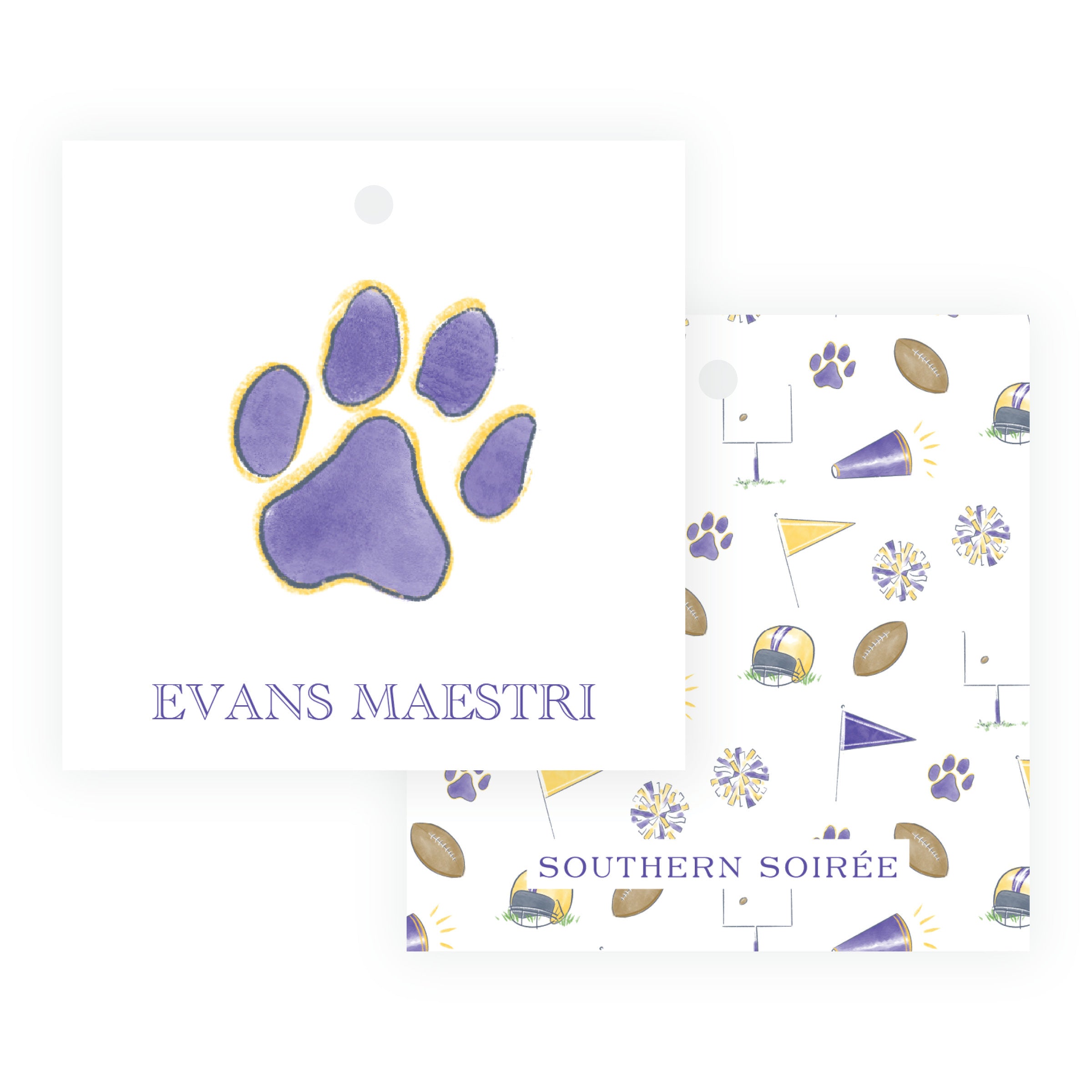 Personalized purple and gold paw print square hanging gift tag with custom wording