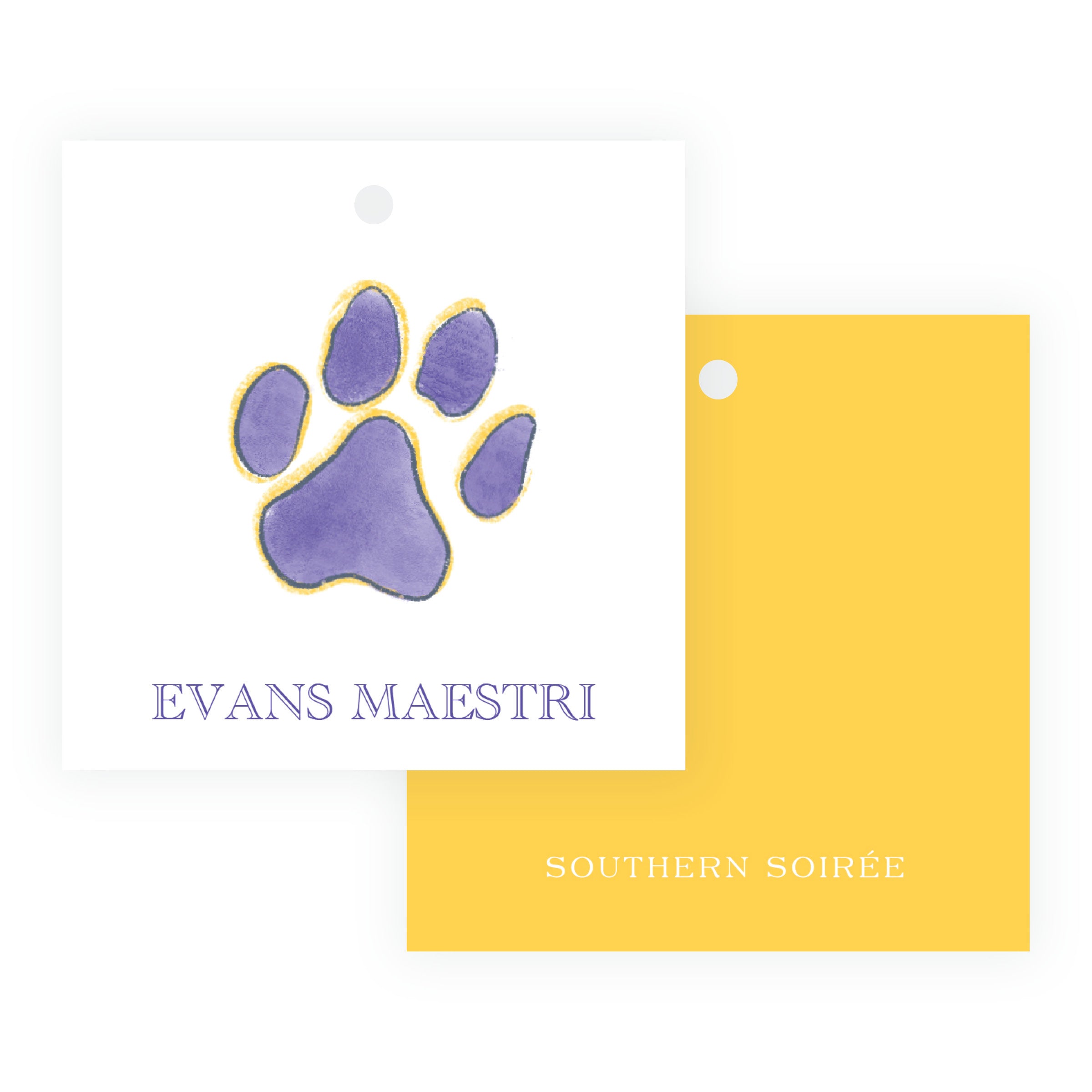 Purple & Gold Team Spirit Paw Print Square Gift Tag