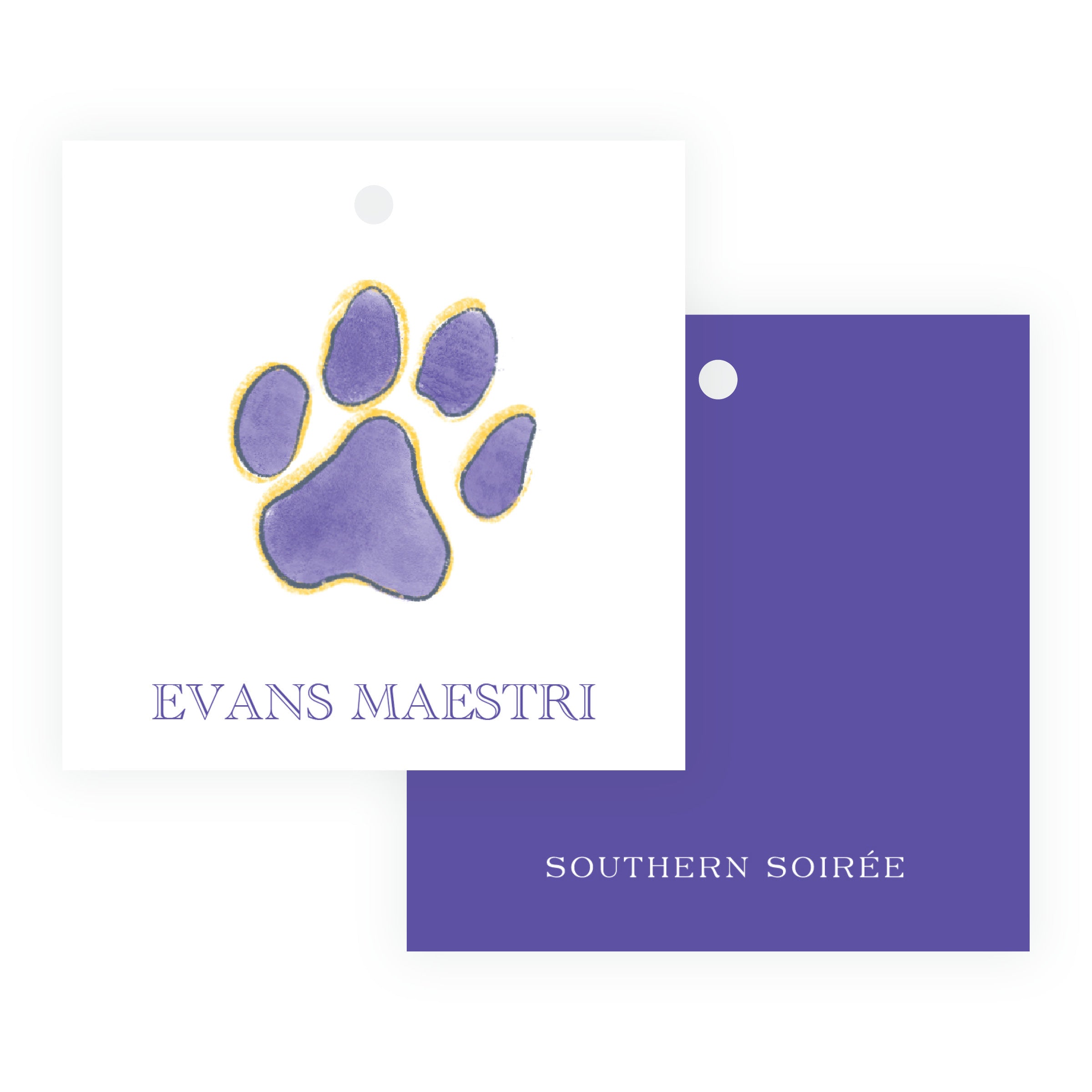 Purple & Gold Team Spirit Paw Print Square Gift Tag