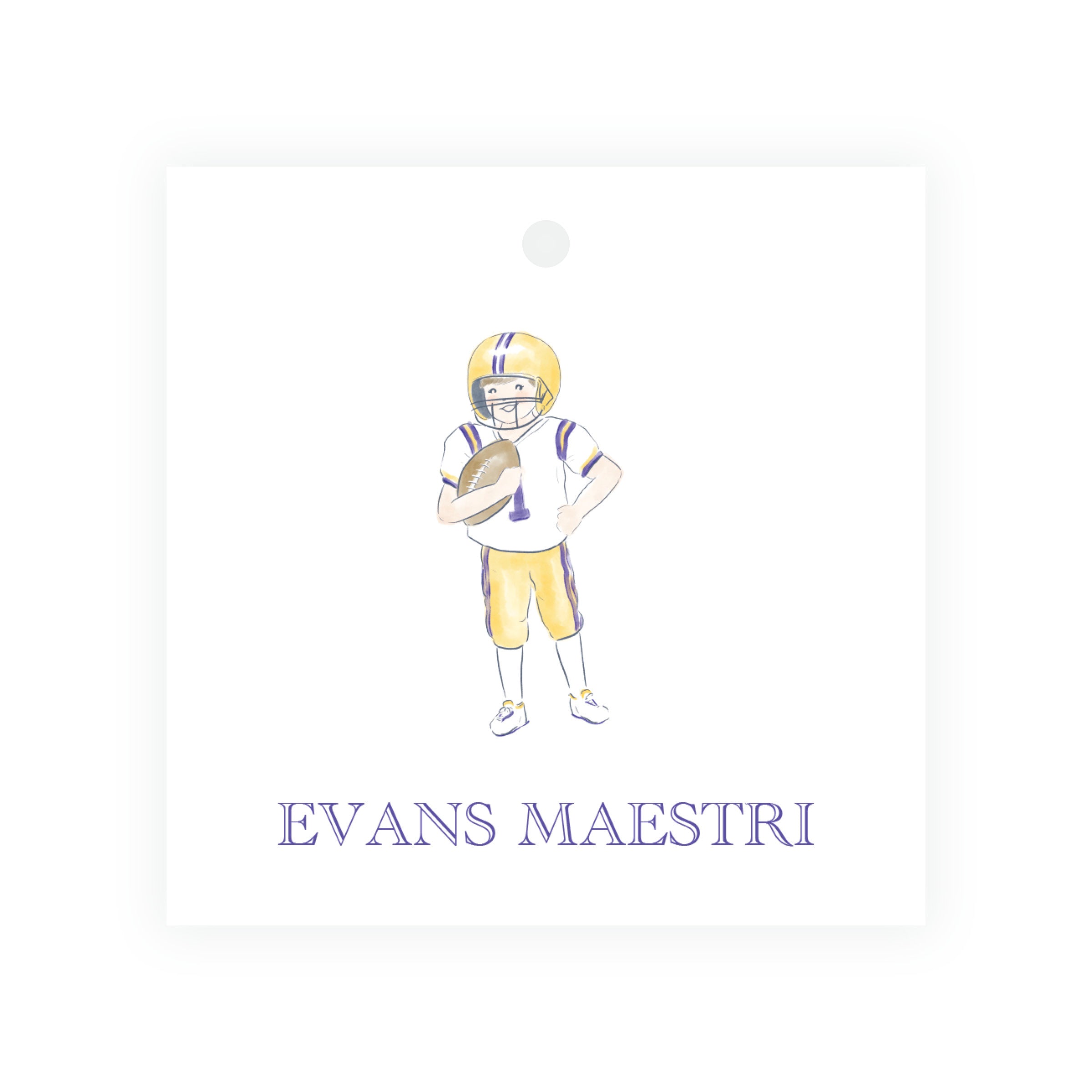Purple and Gold Football Player Square Gift Tags – Team Spirit