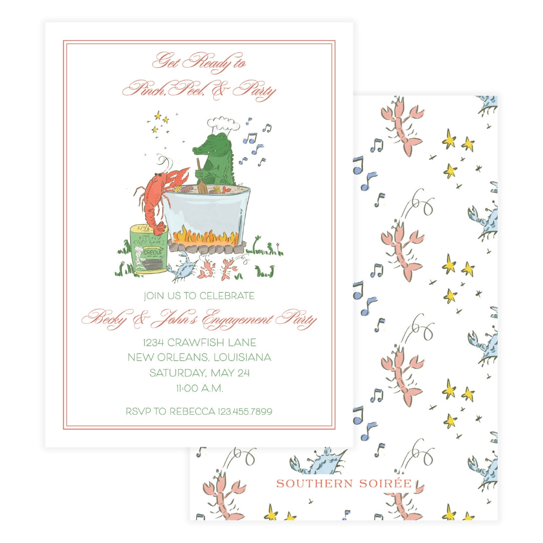 Alligator crawfish boil engagement party invitation with watercolor artwork