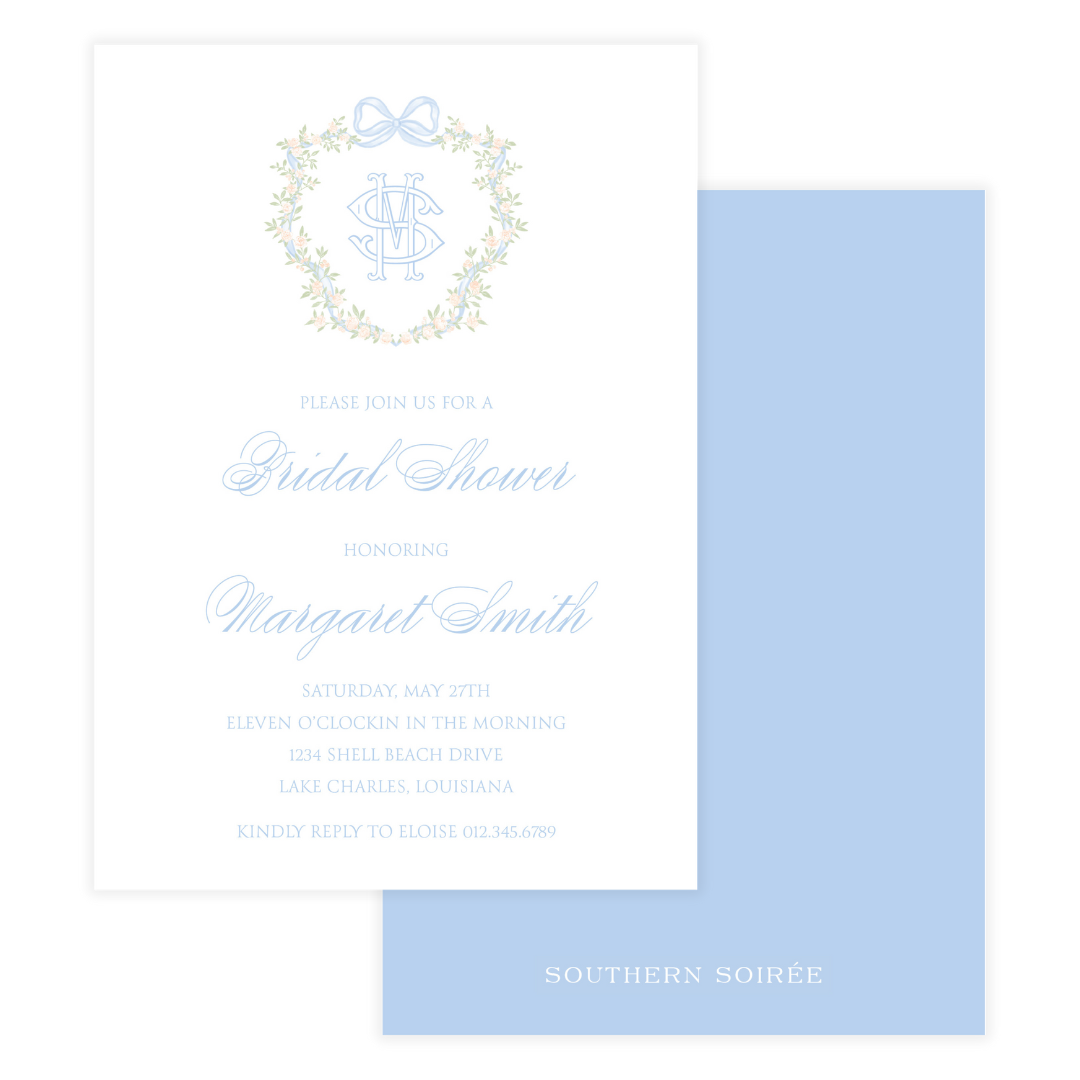 Blue bow and floral monogram crest bridal shower invitation