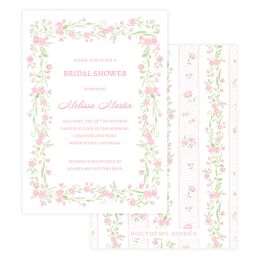 Pink floral vine bridal shower invitation with watercolor border
