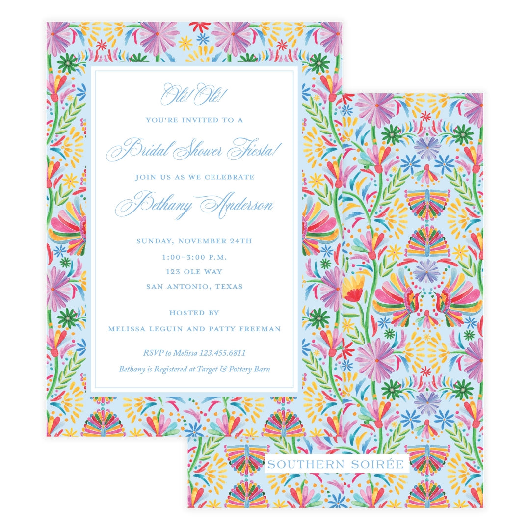 Colorful blue fiesta bridal shower invitation with watercolor floral border