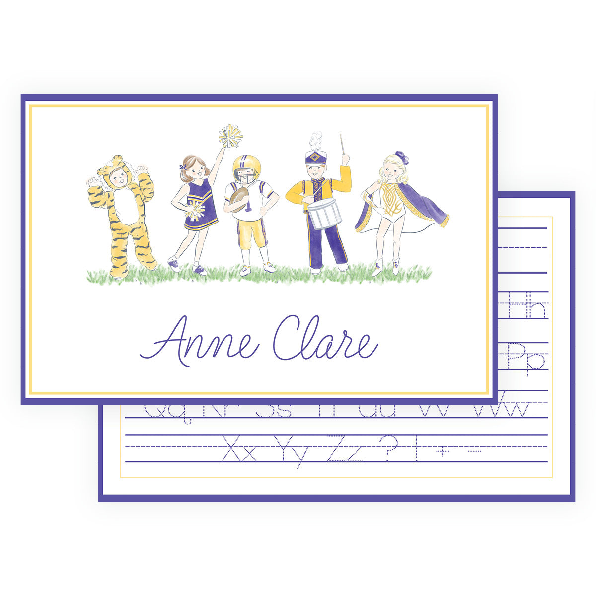 Personalized football script placemat for kids with purple and gold watercolor game day characters