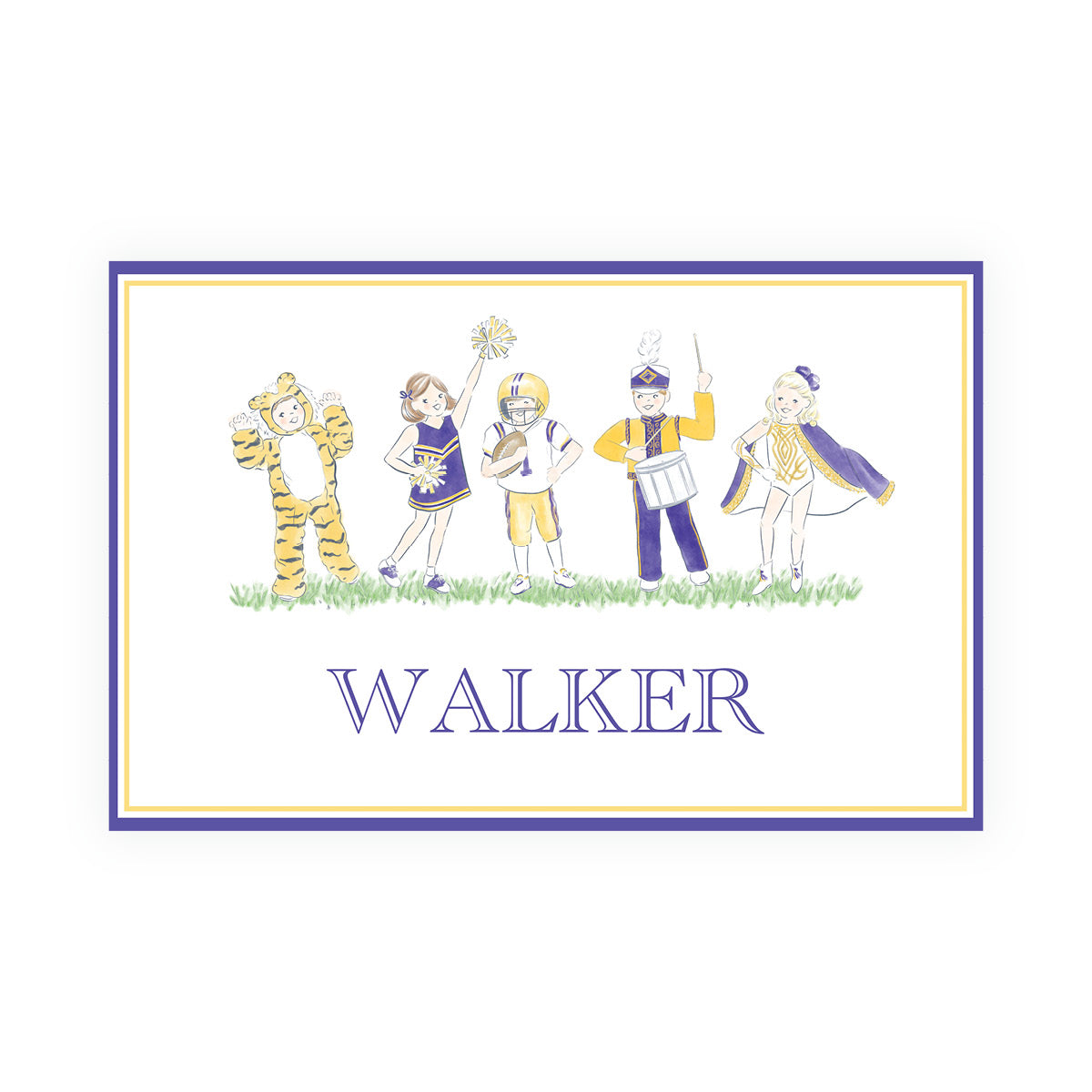 Personalized LSU kids placemat with watercolor tiger, cheerleader, football player, drummer and majorette