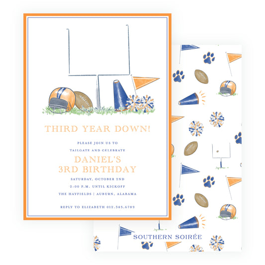 Orange and navy football equipment birthday invitation for a game-day party