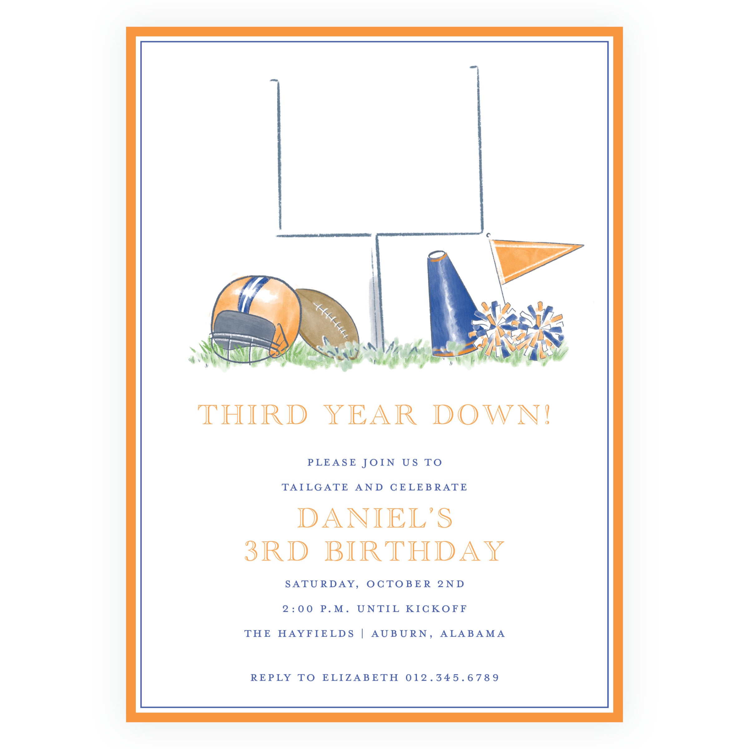Orange & Navy Football Equipment Birthday Invitation - Team Spirit