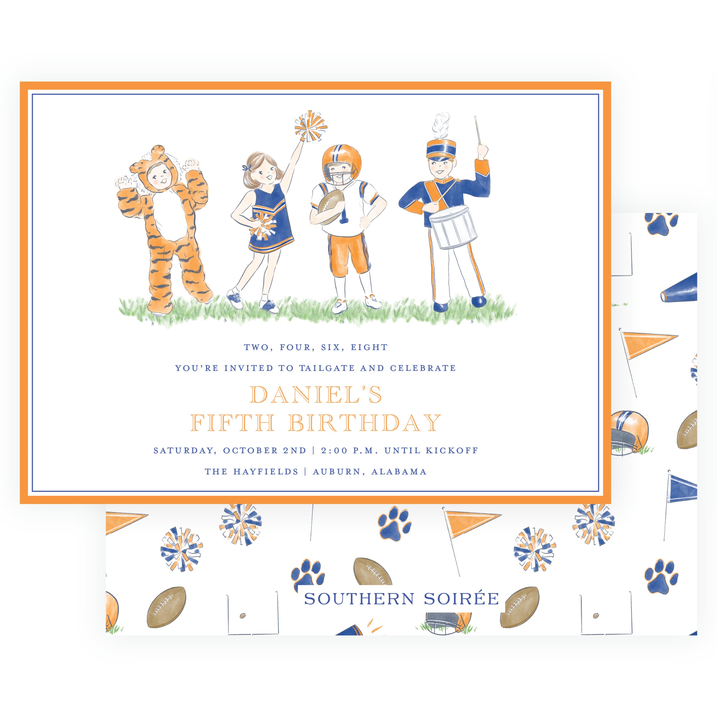 Orange and navy football birthday invitation with tiger mascot, cheerleader, player and drummer