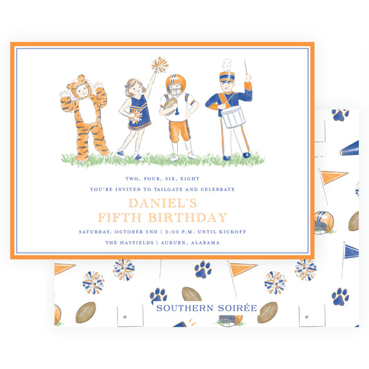 Orange and navy football birthday invitation with tiger mascot, cheerleader, player and drummer