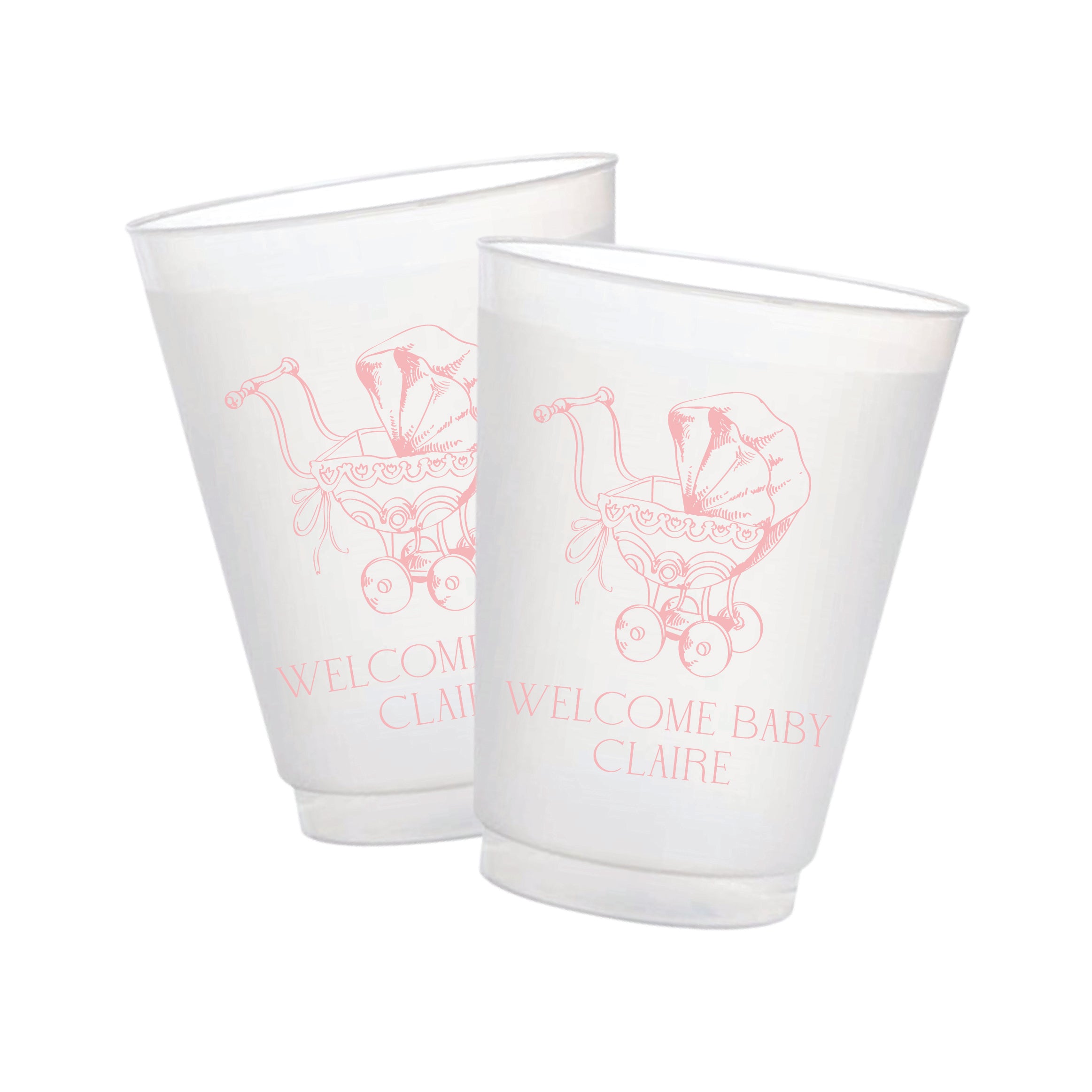 Personalized pink baby carriage shower frosted cups