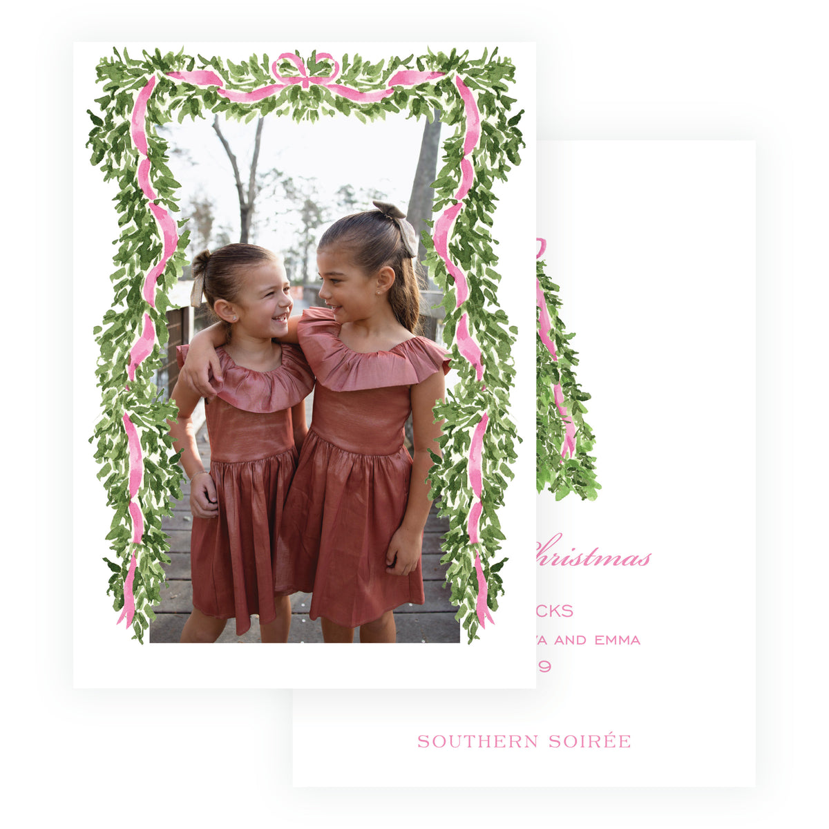 Decked in Garland – Pink Full Frame Personalized Christmas Photo Card