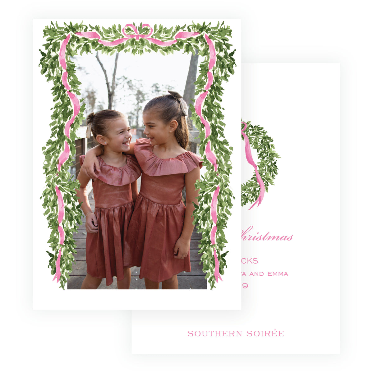 Decked in Garland – Pink Full Frame Personalized Christmas Photo Card