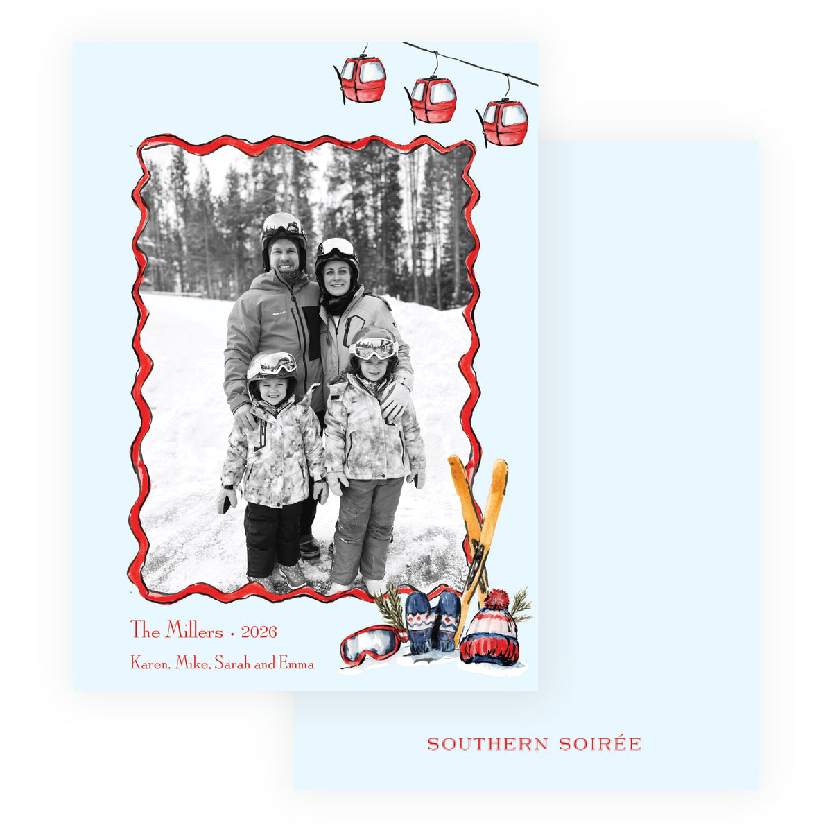 Gondola Cheer personalized ski Christmas and holiday photo card with red gondolas, watercolor ski gear and family photo