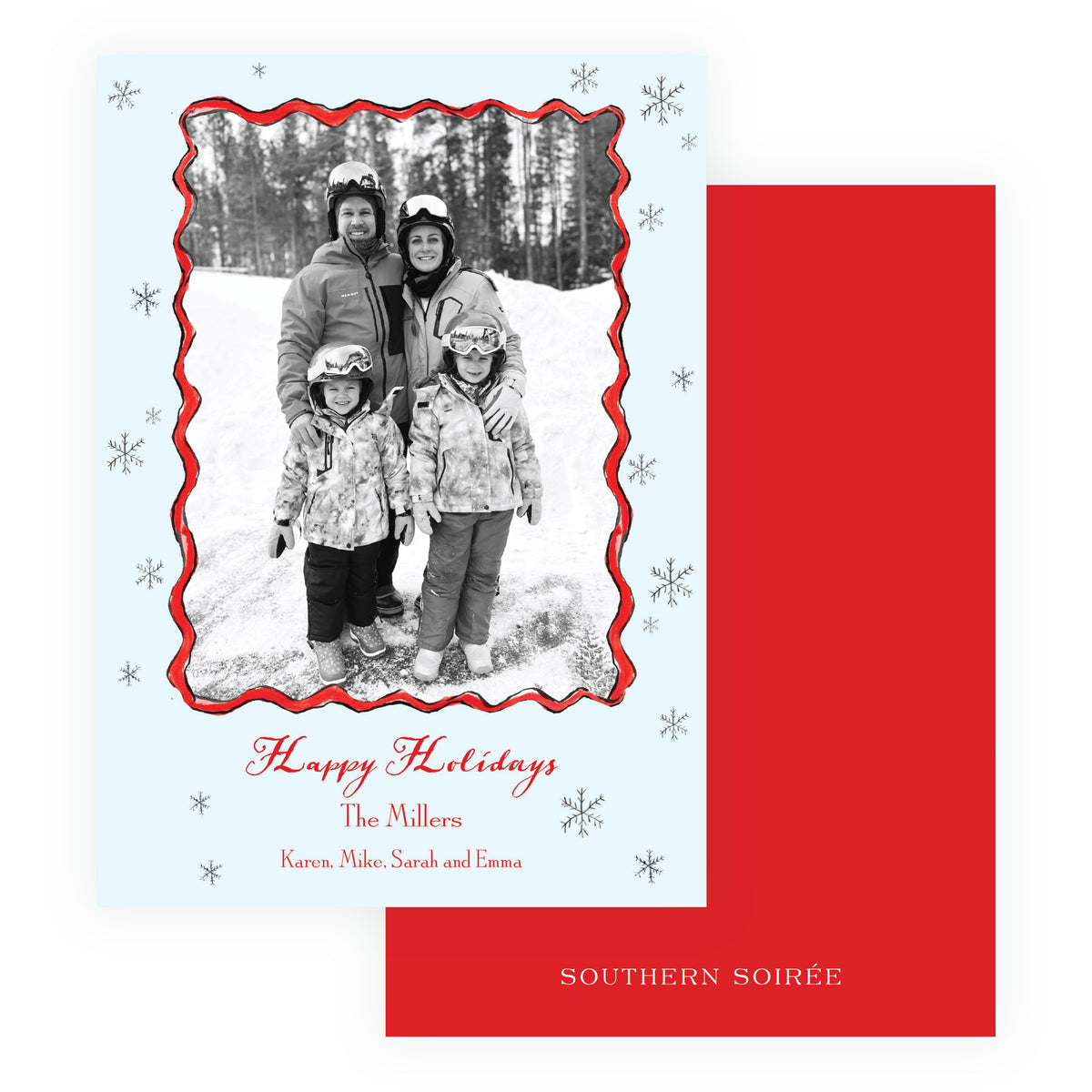 Alpine Holiday personalized ski Christmas photo card with red wavy frame and snowflakes on powder blue