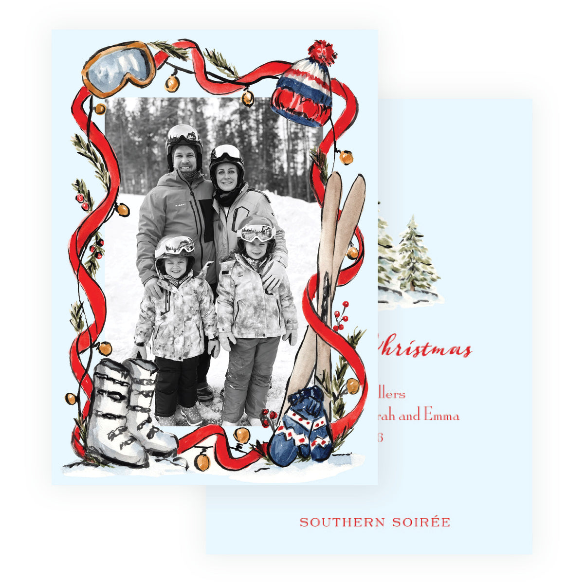 Alpine Holiday – Ski Ribbon Frame Personalized Holiday Photo Card