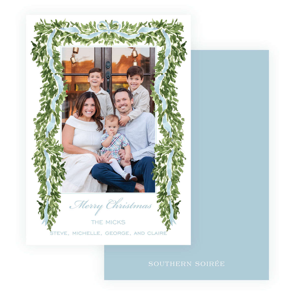 Decked in Garland blue watercolor Christmas photo card