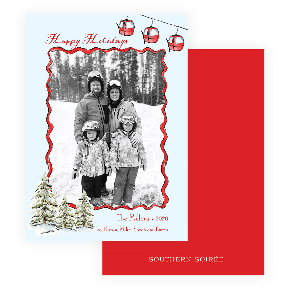 Alpine Holiday – Gondola & Snowy Trees Personalized Holiday Photo Card