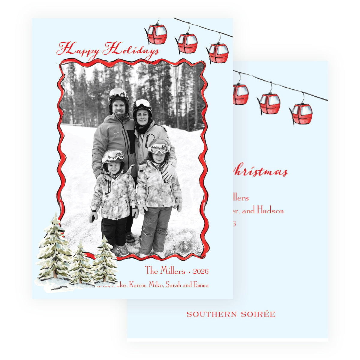 Alpine Holiday – Gondola & Snowy Trees Personalized Holiday Photo Card