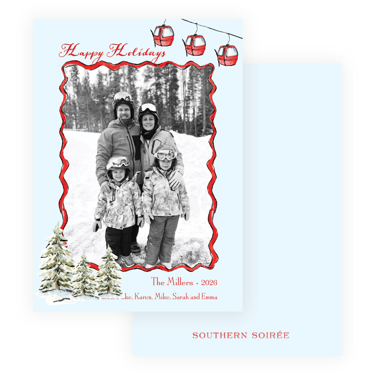 Alpine Holiday – Gondola & Snowy Trees Personalized Holiday Photo Card