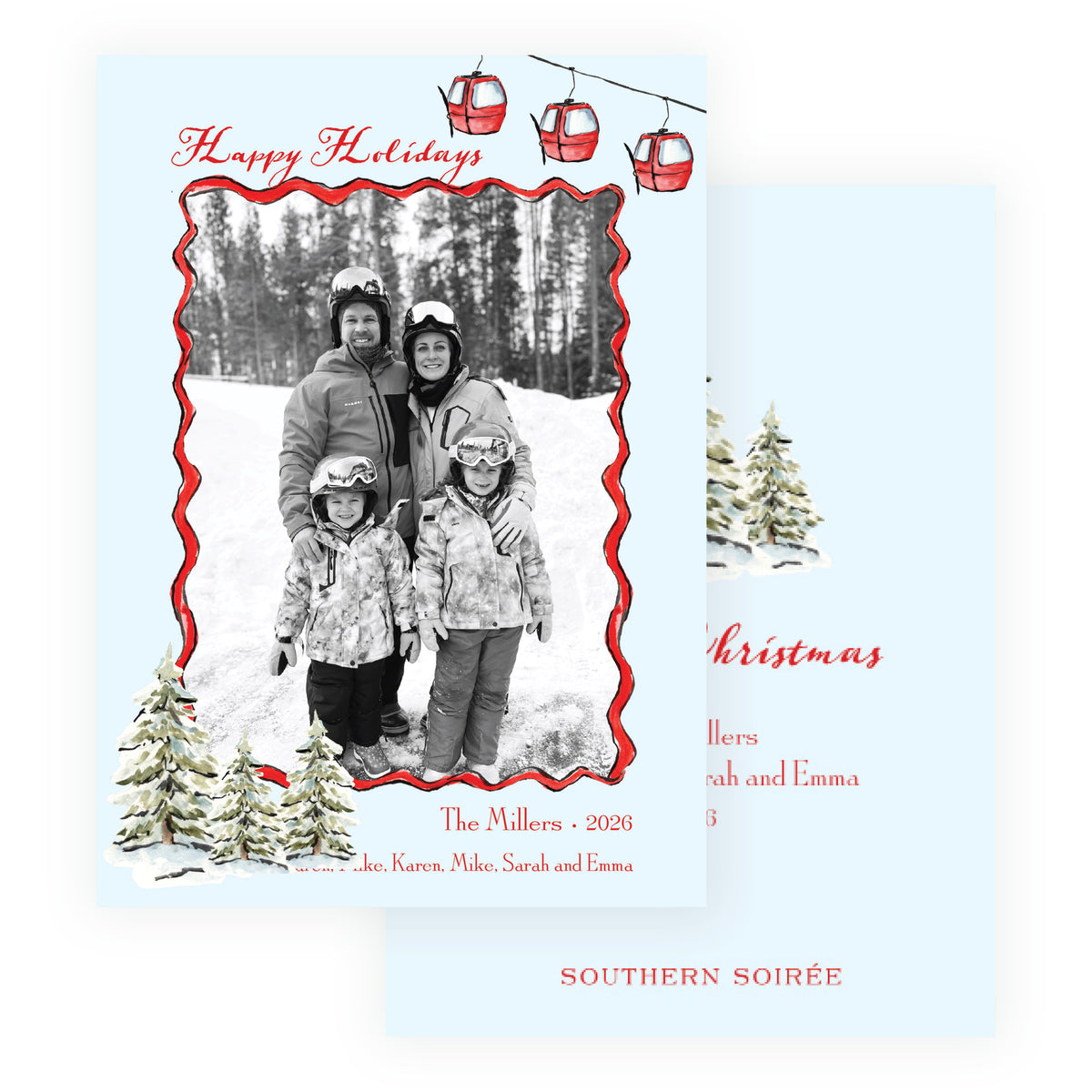 Alpine Holiday – Gondola & Snowy Trees Personalized Holiday Photo Card