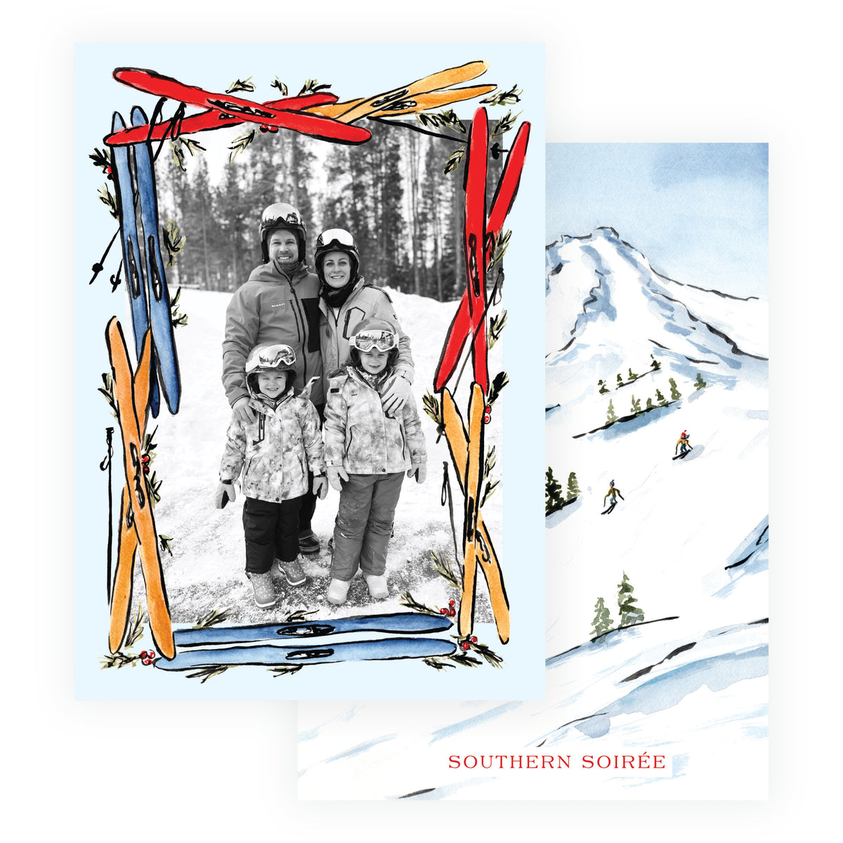 Alpine Holiday – Blue Ski Frame Holiday Personalized Photo Card