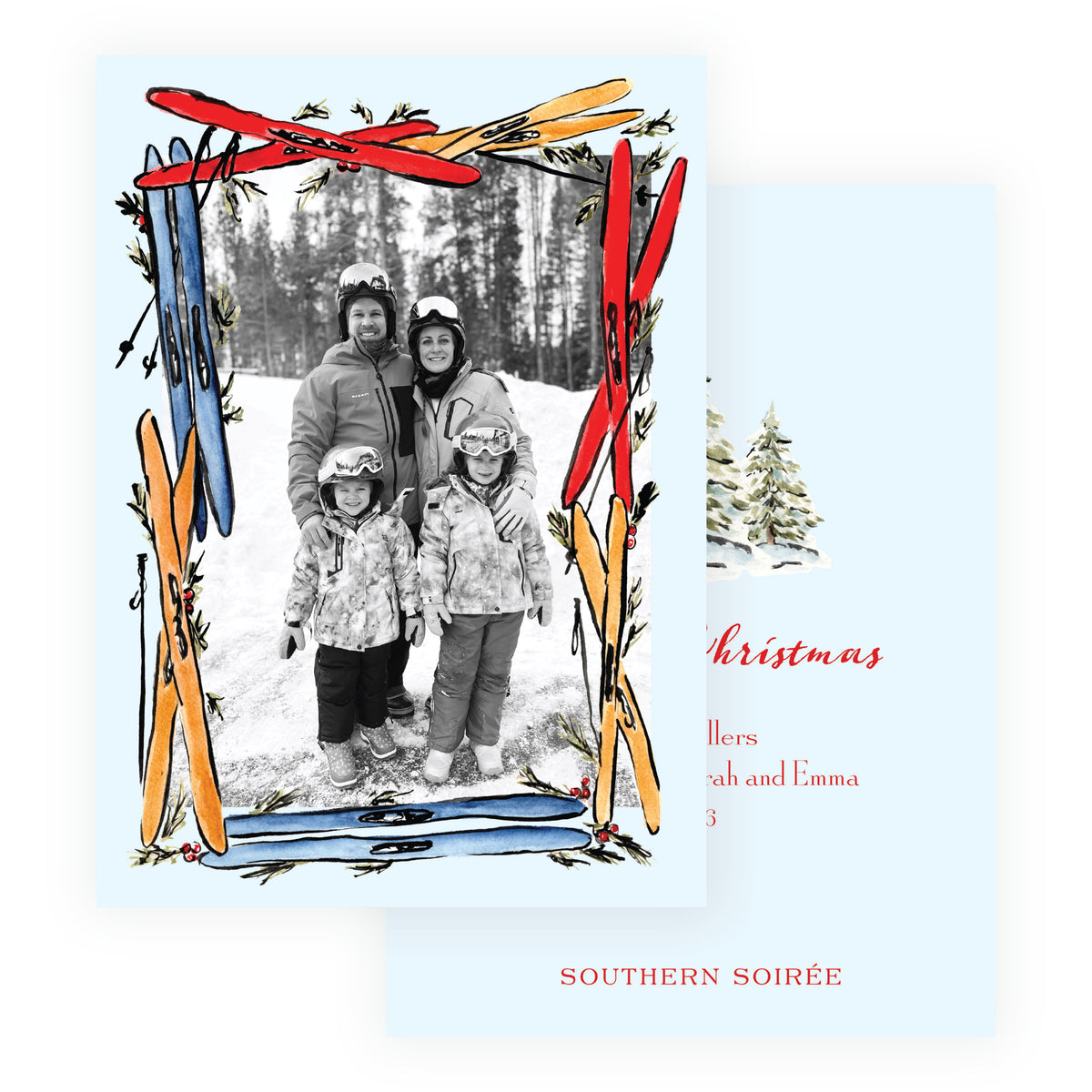 Alpine Holiday – Blue Ski Frame Holiday Personalized Photo Card